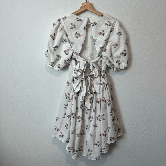 Sister Jane Dream White Floral Embroidered Taffeta Puff Sleeve Tie Back Dress XL - Picture 4 of 7